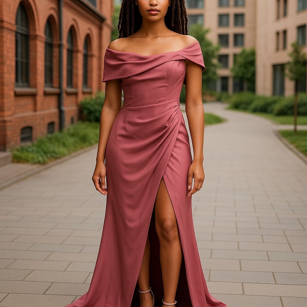 ASOS DESIGN Bridesmaid Satin off shoulder drape wrap maxi dress dusty rose 10